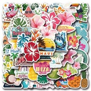 56 Tropical Beach Stickers Floral Coconut Toucan Flamingo Fruit Palm Trees Surf